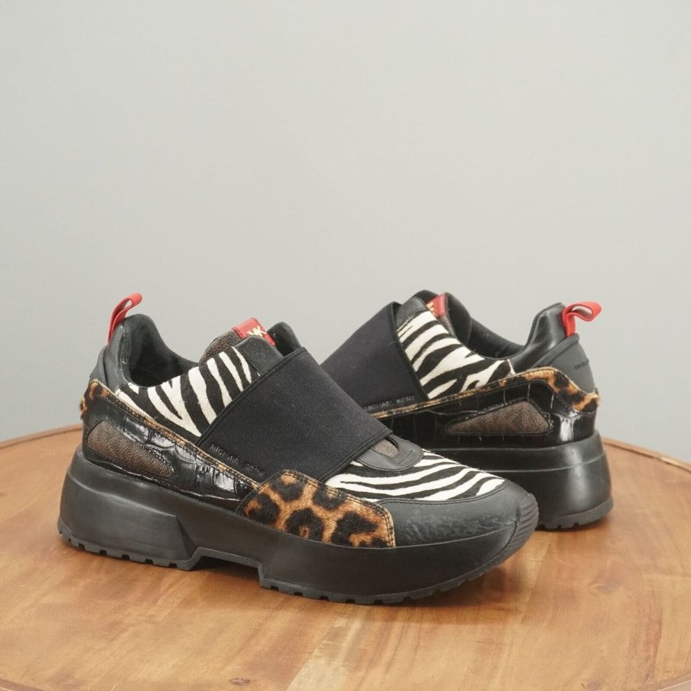 Michael Kors Womens Cosmo Mixed Animal Sneakers Chunky Leather Slip On 10M